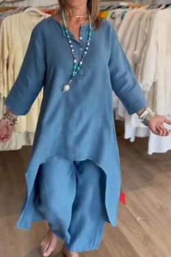 Y2K Summer Two Piece Set: Cotton Linen Wide Leg Pants & Half Sleeve Top - Vintage 90S Grunge Outfit