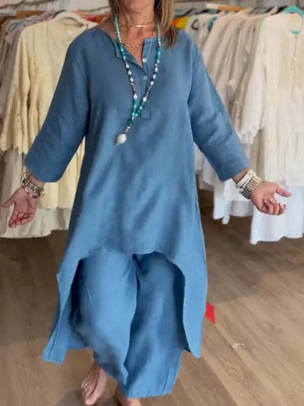 Y2K Summer Two Piece Set: Cotton Linen Wide Leg Pants & Half Sleeve Top - Vintage 90S Grunge Outfit Y2K Summer Two Piece Set: Cotton Linen Wide Leg Pants & Half Sleeve Top - Vintage 90S Grunge Outfit