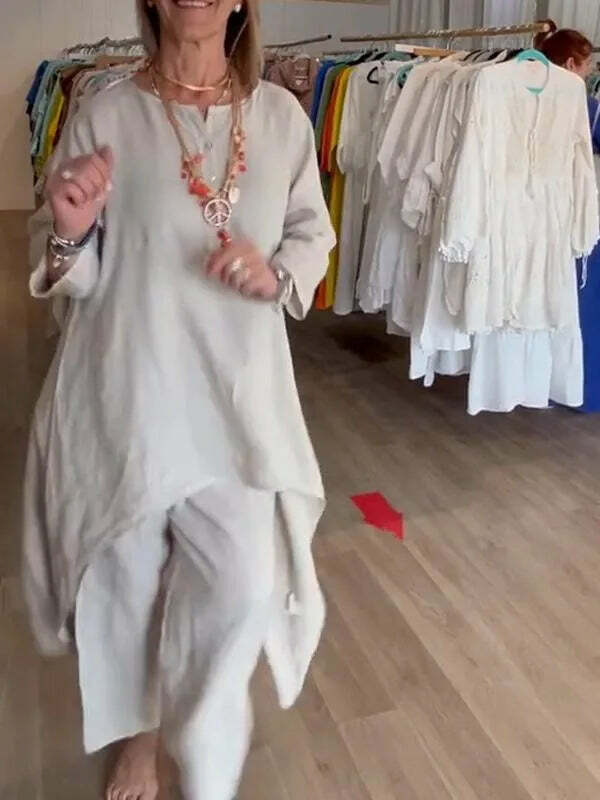 Y2K Summer Two Piece Set: Cotton Linen Wide Leg Pants & Half Sleeve Top - Vintage 90S Grunge Outfit Y2K Summer Two Piece Set: Cotton Linen Wide Leg Pants & Half Sleeve Top - Vintage 90S Grunge Outfit