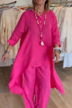 Y2K Summer Two Piece Set: Cotton Linen Wide Leg Pants & Half Sleeve Top - Vintage 90S Grunge Outfit