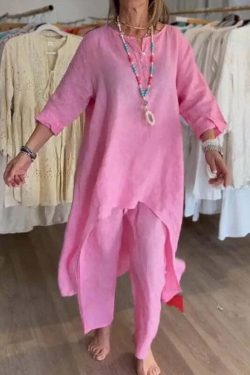 Y2K Summer Two Piece Set: Cotton Linen Wide Leg Pants & Half Sleeve Top - Vintage 90S Grunge Outfit