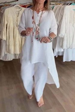 Y2K Summer Two Piece Set: Cotton Linen Wide Leg Pants & Half Sleeve Top - Vintage 90S Grunge Outfit