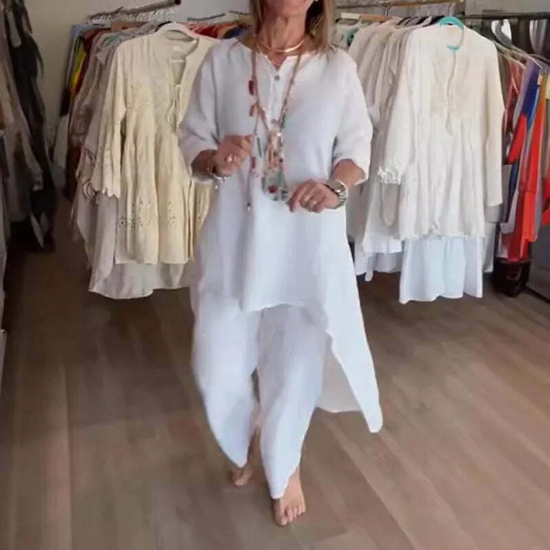 Y2K Summer Two Piece Set: Cotton Linen Wide Leg Pants & Half Sleeve Top - Vintage 90S Grunge Outfit Y2K Summer Two Piece Set: Cotton Linen Wide Leg Pants & Half Sleeve Top - Vintage 90S Grunge Outfit