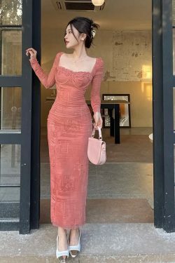 Y2K Summer Vintage Pink Lace Mesh Long Sleeve Dress - Retro 90S Grunge Festival Outfit