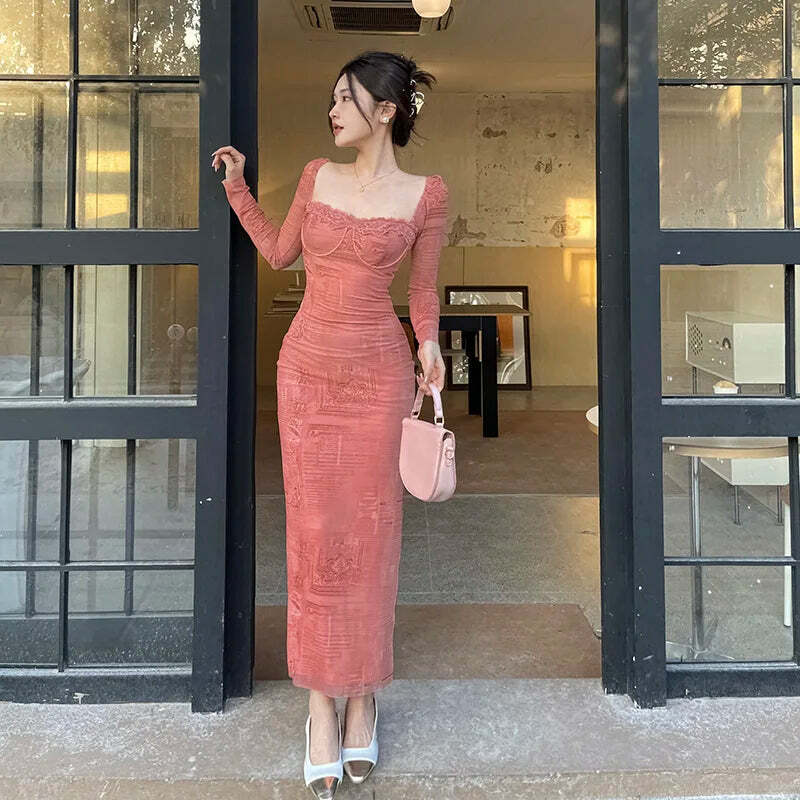 Y2K Summer Vintage Pink Lace Mesh Long Sleeve Dress - Retro 90S Grunge Festival Outfit Y2K Summer Vintage Pink Lace Mesh Long Sleeve Dress - Retro 90S Grunge Festival Outfit