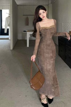 Y2K Summer Vintage Pink Lace Mesh Long Sleeve Dress - Retro 90S Grunge Festival Outfit