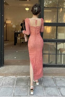 Y2K Summer Vintage Pink Lace Mesh Long Sleeve Dress - Retro 90S Grunge Festival Outfit