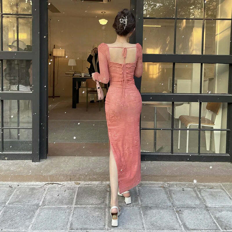 Y2K Summer Vintage Pink Lace Mesh Long Sleeve Dress - Retro 90S Grunge Festival Outfit Y2K Summer Vintage Pink Lace Mesh Long Sleeve Dress - Retro 90S Grunge Festival Outfit