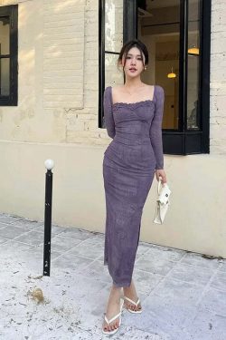 Y2K Summer Vintage Pink Lace Mesh Long Sleeve Dress - Retro 90S Grunge Festival Outfit