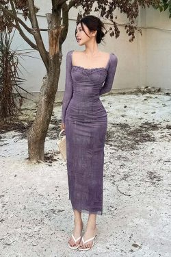 Y2K Summer Vintage Pink Lace Mesh Long Sleeve Dress - Retro 90S Grunge Festival Outfit