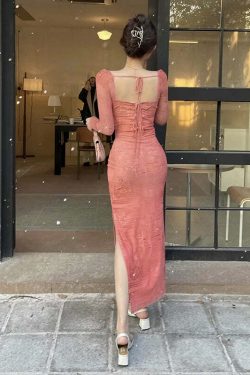 Y2K Summer Vintage Pink Lace Mesh Long Sleeve Dress - Retro 90S Grunge Festival Outfit