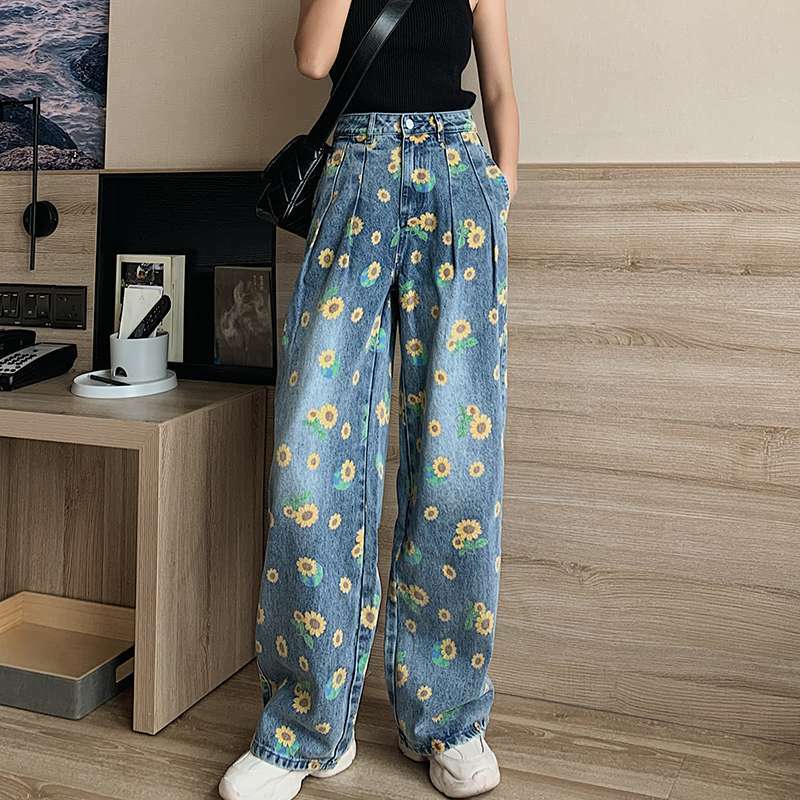 Y2K Sunflower Print Jeans - 90S Grunge, Retro Summer Outfits, Y2K Fashion For Women Y2K Sunflower Print Jeans - 90S Grunge, Retro Summer Outfits, Y2K Fashion For Women