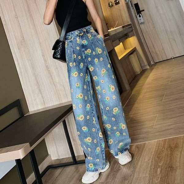 Y2K Sunflower Print Jeans - 90S Grunge, Retro Summer Outfits, Y2K Fashion For Women Y2K Sunflower Print Jeans - 90S Grunge, Retro Summer Outfits, Y2K Fashion For Women
