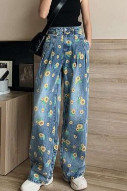 Y2K Sunflower Print Jeans - 90S Grunge, Retro Summer Outfits, Y2K Fashion For Women