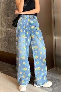 Y2K Sunflower Print Jeans - 90S Grunge, Retro Summer Outfits, Y2K Fashion For Women