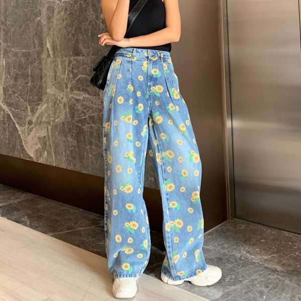 Y2K Sunflower Print Jeans - 90S Grunge, Retro Summer Outfits, Y2K Fashion For Women Y2K Sunflower Print Jeans - 90S Grunge, Retro Summer Outfits, Y2K Fashion For Women