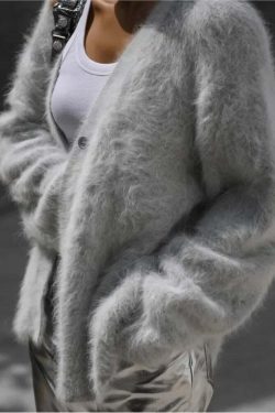 Y2K V-Neck Angora Wool Knit Cardigan - Chic 90S Grunge, Retro Summer, Pastel Goth Sweater