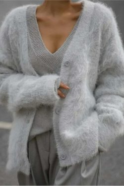 Y2K V-Neck Angora Wool Knit Cardigan - Chic 90S Grunge, Retro Summer, Pastel Goth Sweater