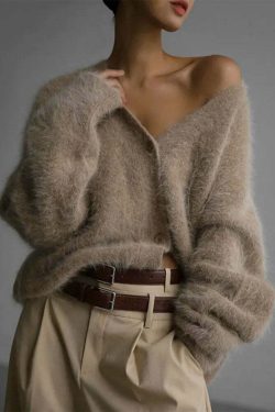 Y2K V-Neck Angora Wool Knit Cardigan - Chic 90S Grunge, Retro Summer, Pastel Goth Sweater