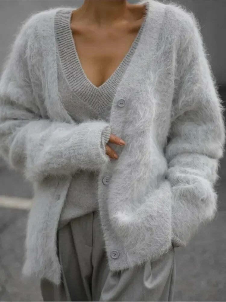 Y2K V-Neck Angora Wool Knit Cardigan - Chic 90S Grunge, Retro Summer, Pastel Goth Sweater Y2K V-Neck Angora Wool Knit Cardigan - Chic 90S Grunge, Retro Summer, Pastel Goth Sweater