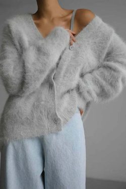 Y2K V-Neck Angora Wool Knit Cardigan - Chic 90S Grunge, Retro Summer, Pastel Goth Sweater