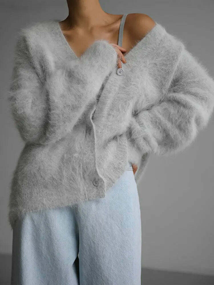 Y2K V-Neck Angora Wool Knit Cardigan - Chic 90S Grunge, Retro Summer, Pastel Goth Sweater Y2K V-Neck Angora Wool Knit Cardigan - Chic 90S Grunge, Retro Summer, Pastel Goth Sweater