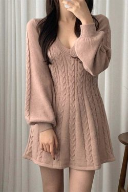 Y2K V-Neck Lantern Sleeve Mini Dress - 90S Grunge, Retro, Pastel Goth, Summer Y2K Outfits