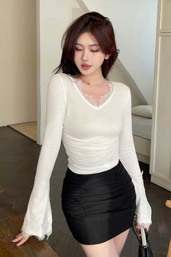 Y2K Velvet Lace Pleated Top - Elegant Grunge 90S Fashion, Retro Y2K Summer Outfits