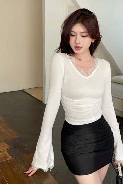 Y2K Velvet Lace Pleated Top - Elegant Grunge 90S Fashion, Retro Y2K Summer Outfits