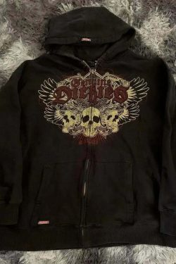 Y2K Vintage Gothic Skull Print Zip Up Hoodie - Winter Hip Hop Long Sleeve Coat For Women