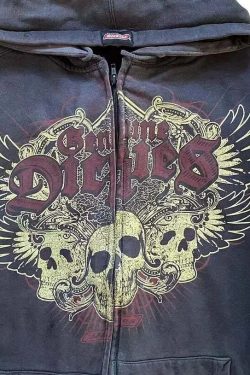 Y2K Vintage Gothic Skull Print Zip Up Hoodie - Winter Hip Hop Long Sleeve Coat For Women