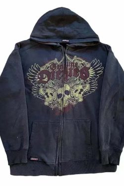 Y2K Vintage Gothic Skull Print Zip Up Hoodie - Winter Hip Hop Long Sleeve Coat For Women