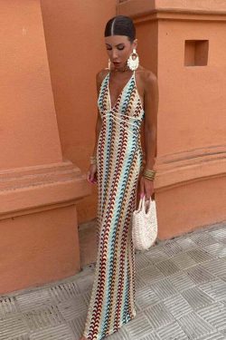 Y2K Vintage Knit Striped Maxi Dress - Sexy V-Neck Backless Sleeveless Lace Up Summer Beach Robe