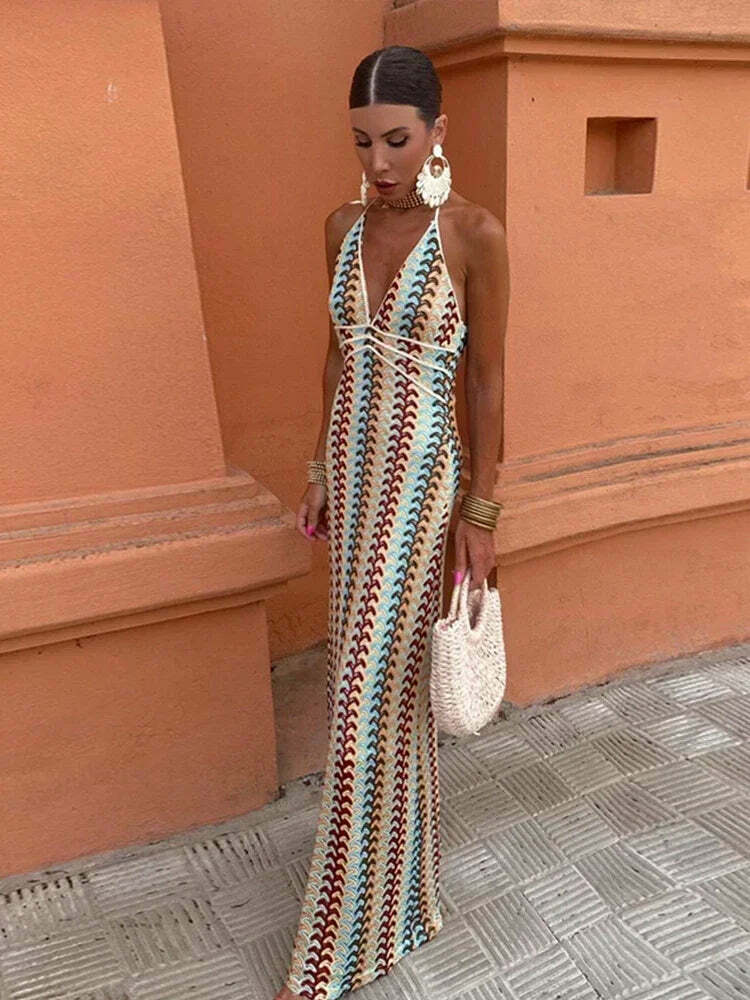 Y2K Vintage Knit Striped Maxi Dress - Sexy V-Neck Backless Sleeveless Lace Up Summer Beach Robe Y2K Vintage Knit Striped Maxi Dress - Sexy V-Neck Backless Sleeveless Lace Up Summer Beach Robe