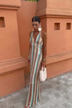 Y2K Vintage Knit Striped Maxi Dress - Sexy V-Neck Backless Sleeveless Lace Up Summer Beach Robe