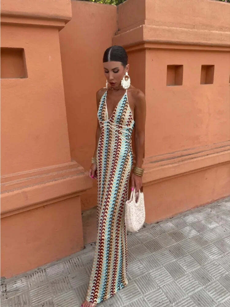 Y2K Vintage Knit Striped Maxi Dress - Sexy V-Neck Backless Sleeveless Lace Up Summer Beach Robe Y2K Vintage Knit Striped Maxi Dress - Sexy V-Neck Backless Sleeveless Lace Up Summer Beach Robe