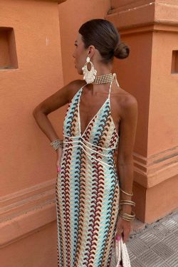 Y2K Vintage Knit Striped Maxi Dress - Sexy V-Neck Backless Sleeveless Lace Up Summer Beach Robe