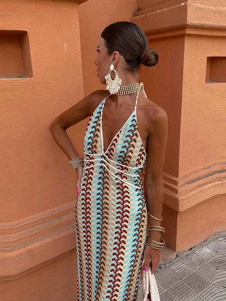 Y2K Vintage Knit Striped Maxi Dress - Sexy V-Neck Backless Sleeveless Lace Up Summer Beach Robe Y2K Vintage Knit Striped Maxi Dress - Sexy V-Neck Backless Sleeveless Lace Up Summer Beach Robe