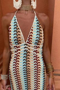 Y2K Vintage Knit Striped Maxi Dress - Sexy V-Neck Backless Sleeveless Lace Up Summer Beach Robe