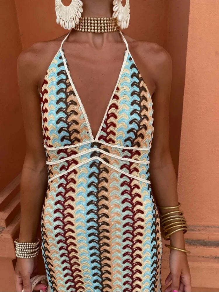Y2K Vintage Knit Striped Maxi Dress - Sexy V-Neck Backless Sleeveless Lace Up Summer Beach Robe Y2K Vintage Knit Striped Maxi Dress - Sexy V-Neck Backless Sleeveless Lace Up Summer Beach Robe