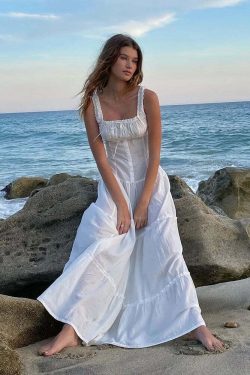 Y2K White Bowknot Tank Dress - Elegant Sleeveless Maxi Sundress, Retro 90S Summer Beach Chic