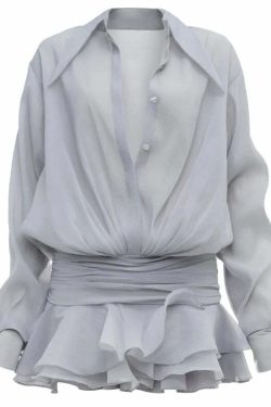 Y2K White Chiffon Mini Dress - Casual Ruffled Pleated See-Through Oversized Shirt Dress