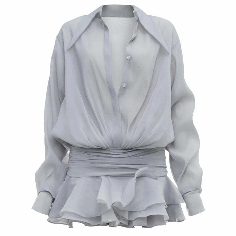 Y2K White Chiffon Mini Dress - Casual Ruffled Pleated See-Through Oversized Shirt Dress Y2K White Chiffon Mini Dress - Casual Ruffled Pleated See-Through Oversized Shirt Dress