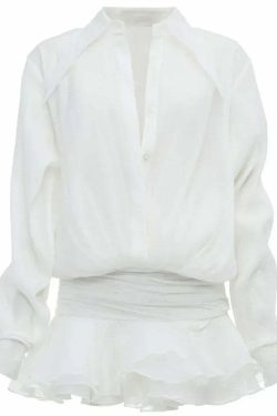 Y2K White Chiffon Mini Dress - Casual Ruffled Pleated See-Through Oversized Shirt Dress