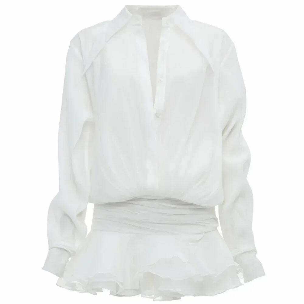 Y2K White Chiffon Mini Dress - Casual Ruffled Pleated See-Through Oversized Shirt Dress Y2K White Chiffon Mini Dress - Casual Ruffled Pleated See-Through Oversized Shirt Dress