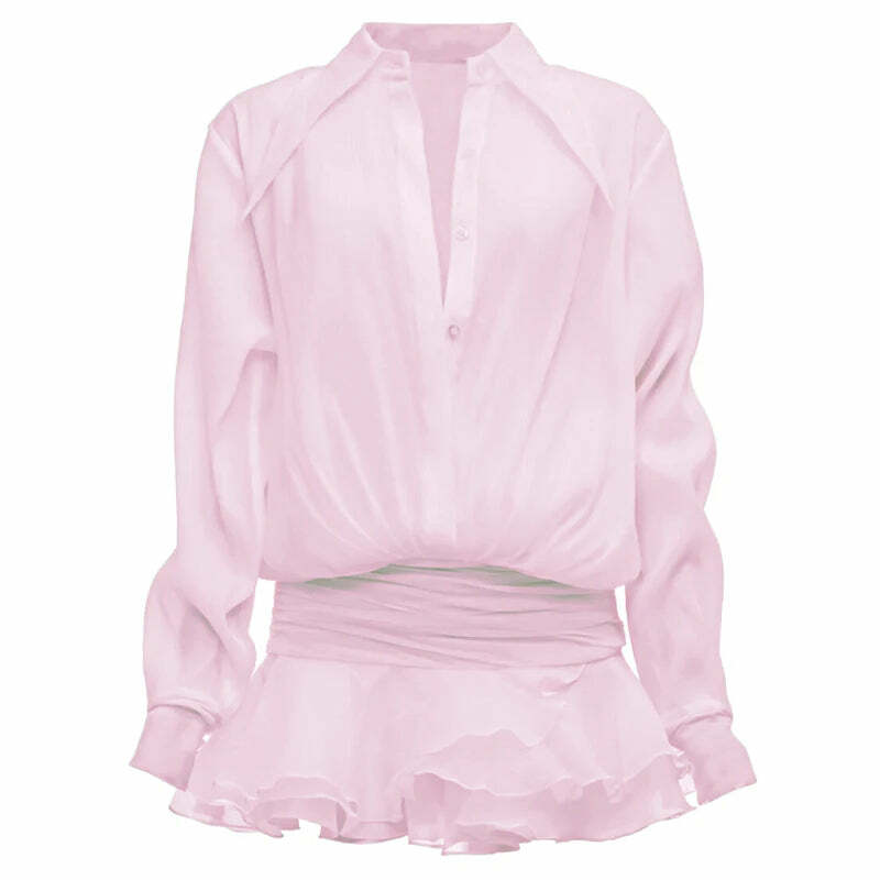 Y2K White Chiffon Mini Dress - Casual Ruffled Pleated See-Through Oversized Shirt Dress Y2K White Chiffon Mini Dress - Casual Ruffled Pleated See-Through Oversized Shirt Dress