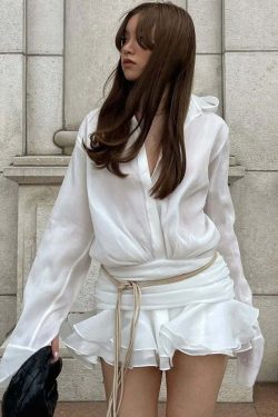 Y2K White Chiffon Mini Dress - Casual Ruffled Pleated See-Through Oversized Shirt Dress