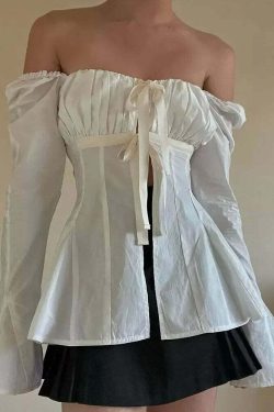 Y2K White Slim Fit Pleated Lace-Up Corset Top - Square Neck, Flare Sleeves, Grunge Party Chic