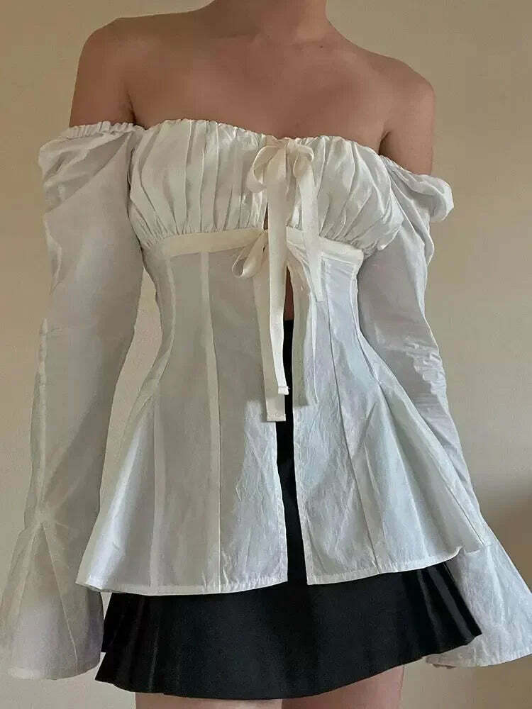 Y2K White Slim Fit Pleated Lace-Up Corset Top - Square Neck, Flare Sleeves, Grunge Party Chic Y2K White Slim Fit Pleated Lace-Up Corset Top - Square Neck, Flare Sleeves, Grunge Party Chic