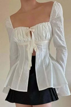 Y2K White Slim Fit Pleated Lace-Up Corset Top - Square Neck, Flare Sleeves, Grunge Party Chic